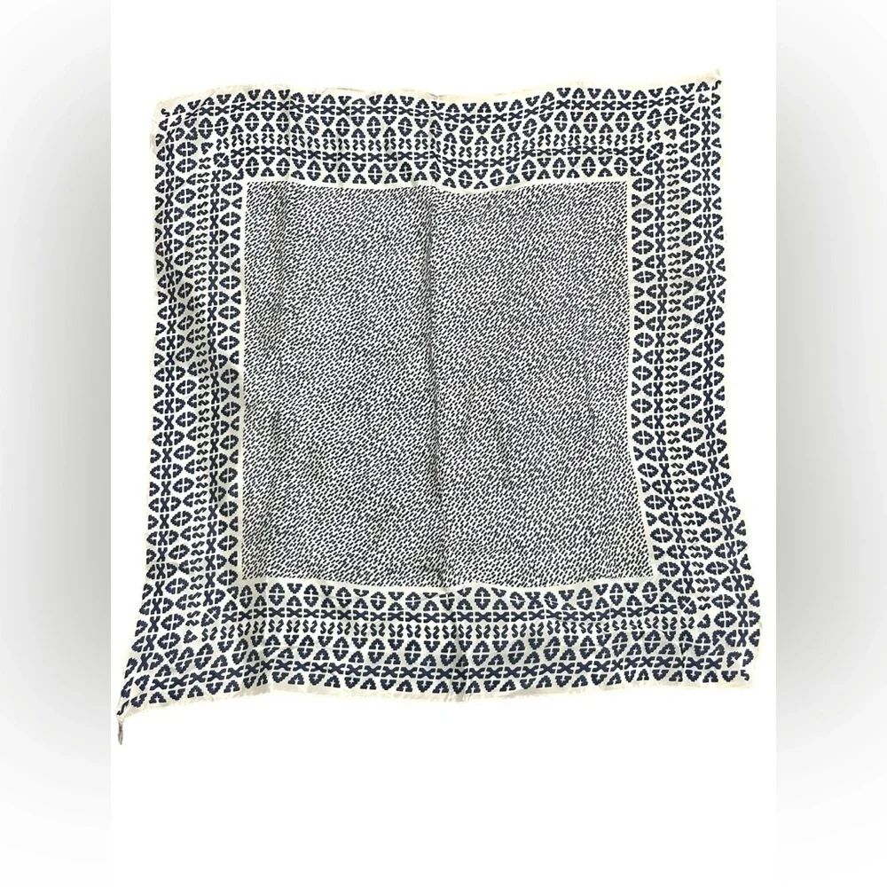 Baar & Beards Inc Navy and White Silk Hand Block Print Patterned Scarf - Picture 2 of 4